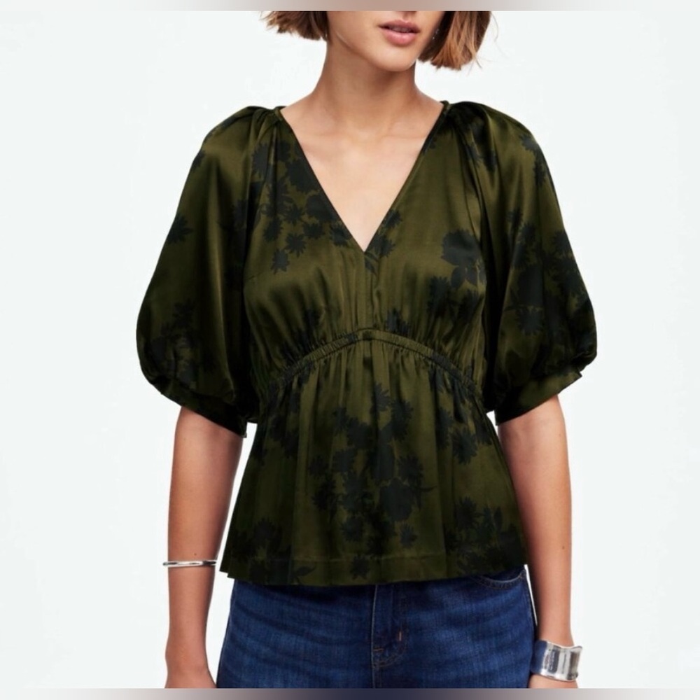 Madewell Olive Green Puff-Sleeve V-Neck Blouse
